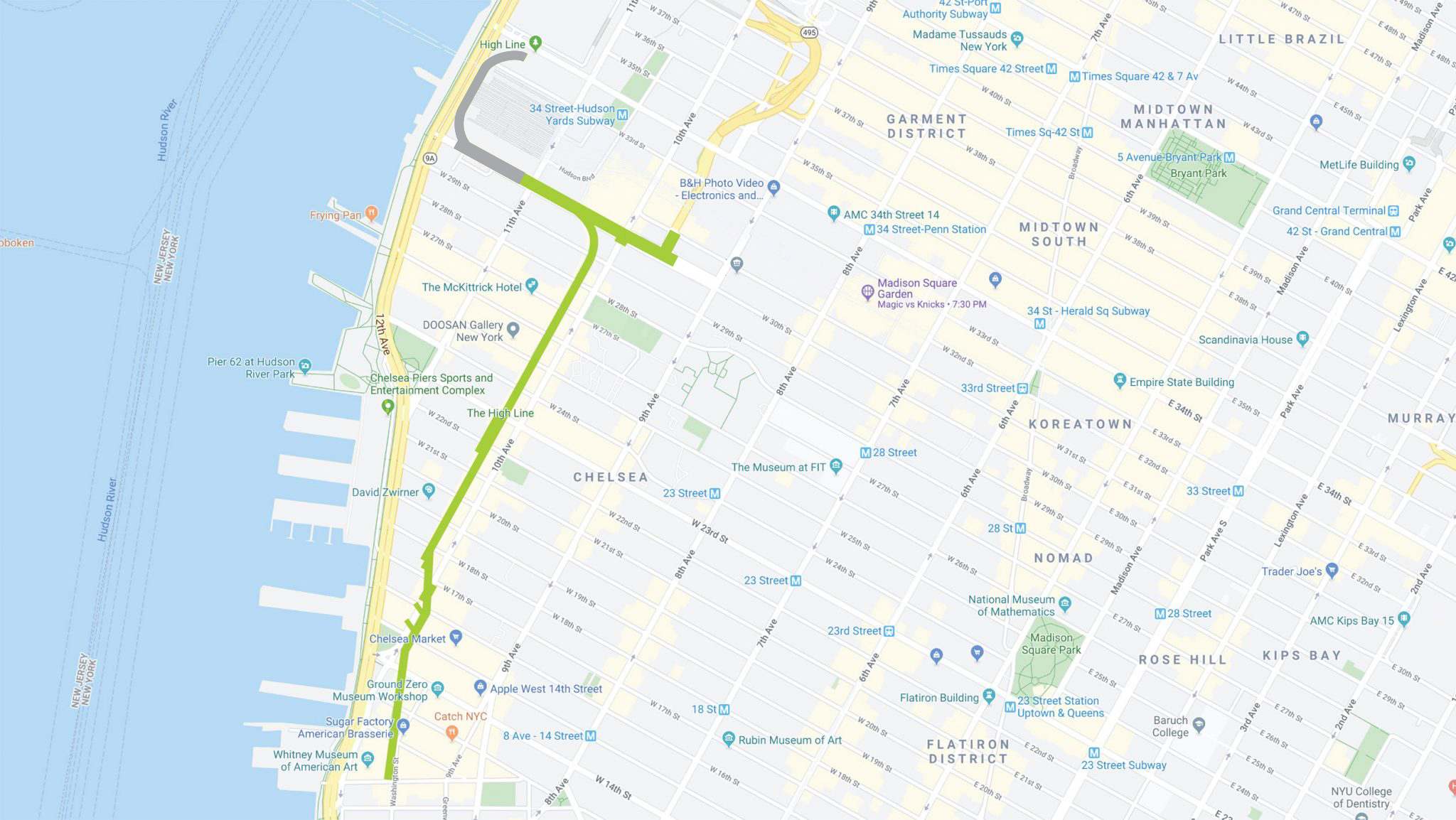 Google map showing an outline of the High Line park